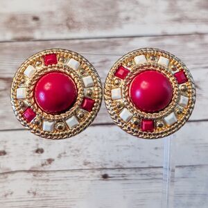 Vintage Clip On Earrings - Red, White & Gold Tone Statement Circle Large
